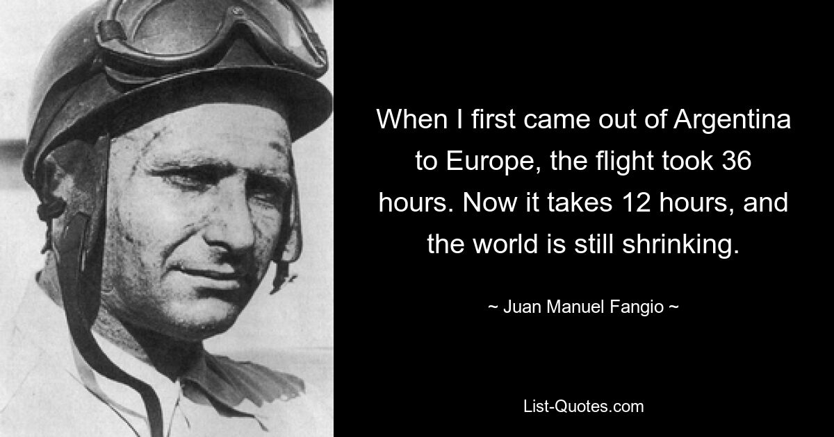 When I first came out of Argentina to Europe, the flight took 36 hours. Now it takes 12 hours, and the world is still shrinking. — © Juan Manuel Fangio