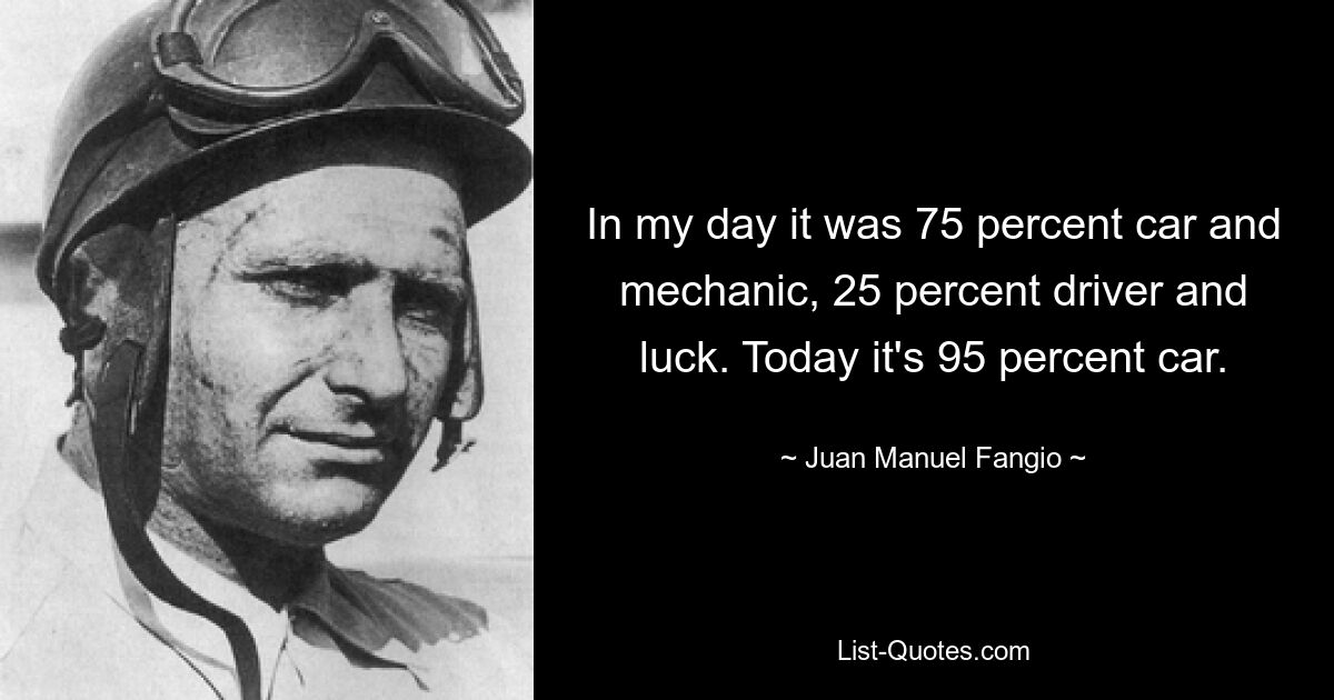 In my day it was 75 percent car and mechanic, 25 percent driver and luck. Today it's 95 percent car. — © Juan Manuel Fangio