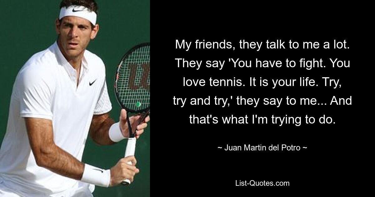 My friends, they talk to me a lot. They say 'You have to fight. You love tennis. It is your life. Try, try and try,' they say to me... And that's what I'm trying to do. — © Juan Martin del Potro