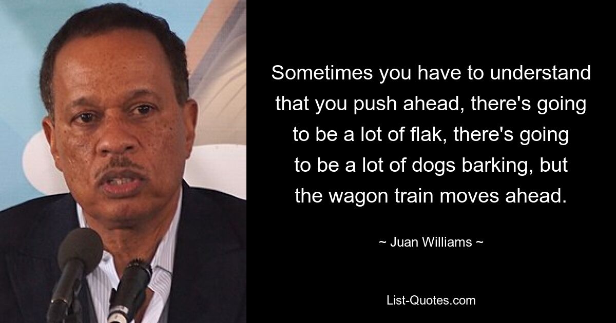 Sometimes you have to understand that you push ahead, there's going to be a lot of flak, there's going to be a lot of dogs barking, but the wagon train moves ahead. — © Juan Williams