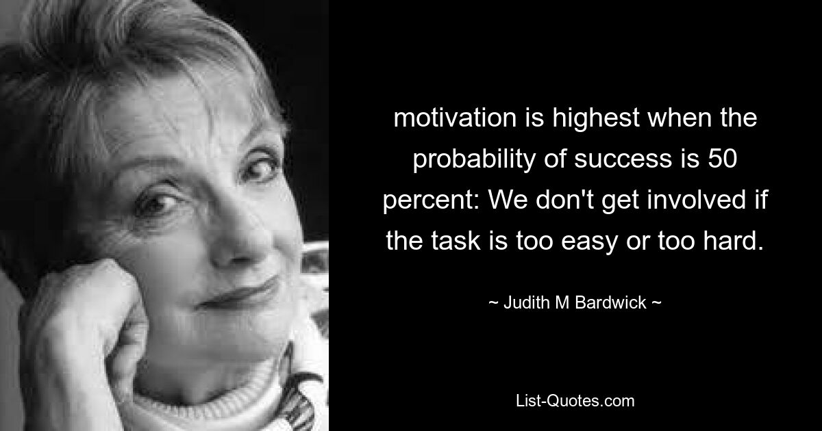 motivation is highest when the probability of success is 50 percent: We don't get involved if the task is too easy or too hard. — © Judith M Bardwick