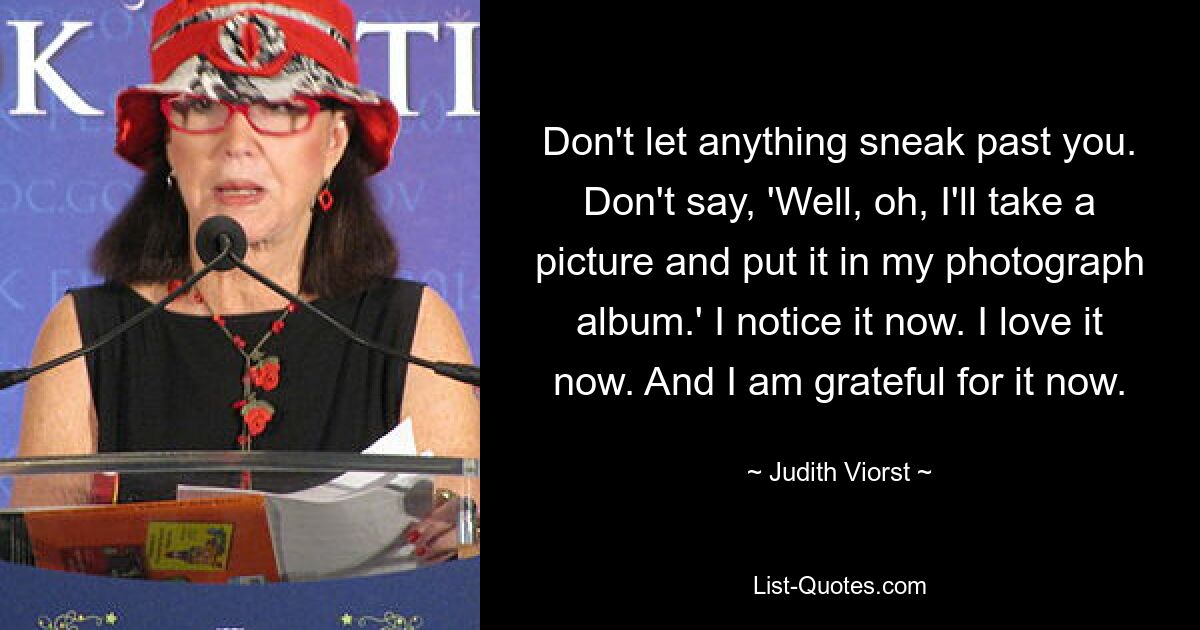 Don't let anything sneak past you. Don't say, 'Well, oh, I'll take a picture and put it in my photograph album.' I notice it now. I love it now. And I am grateful for it now. — © Judith Viorst