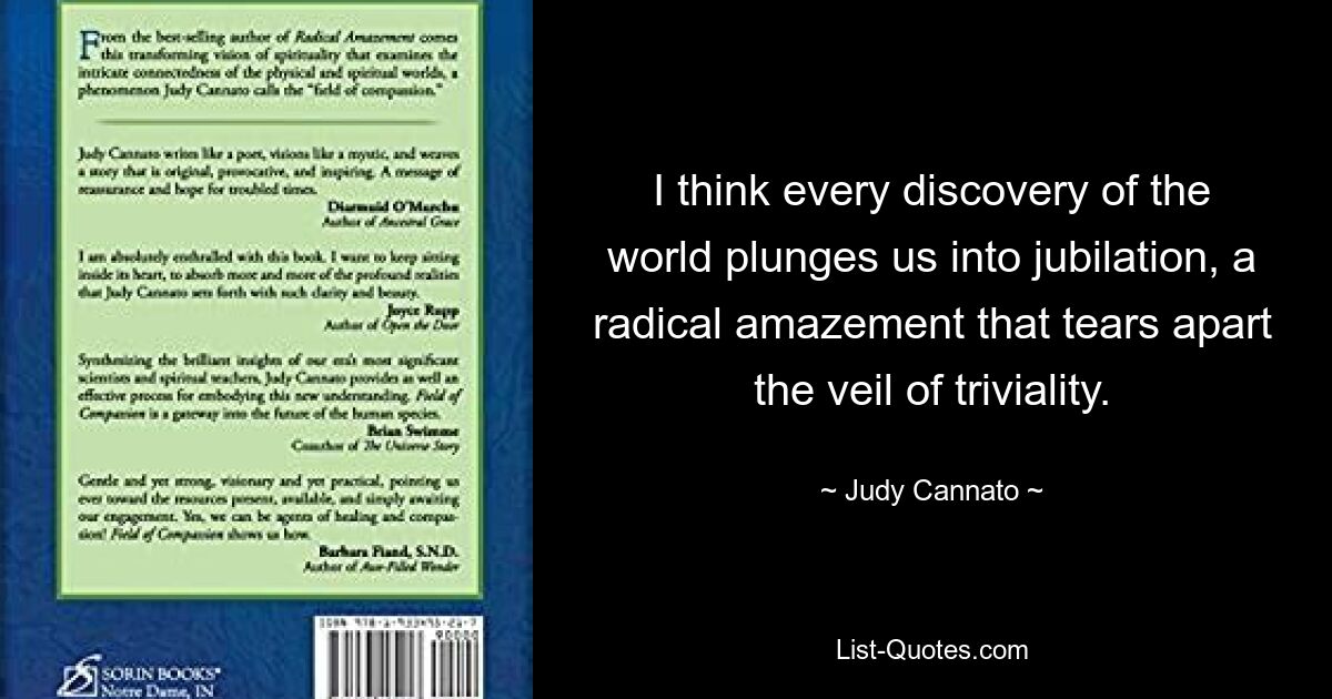 I think every discovery of the world plunges us into jubilation, a radical amazement that tears apart the veil of triviality. — © Judy Cannato