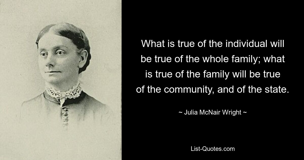 What is true of the individual will be true of the whole family; what is true of the family will be true of the community, and of the state. — © Julia McNair Wright