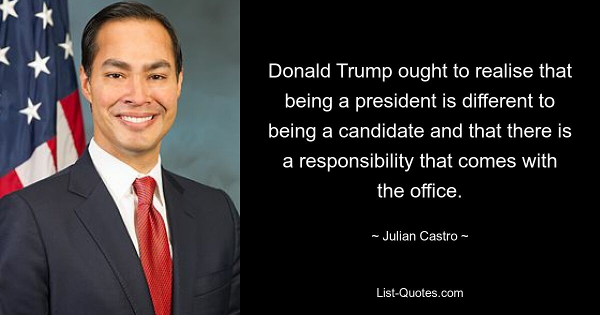 Donald Trump ought to realise that being a president is different to being a candidate and that there is a responsibility that comes with the office. — © Julian Castro