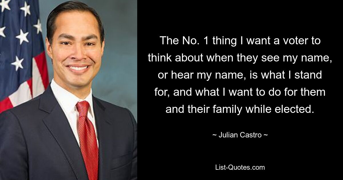 The No. 1 thing I want a voter to think about when they see my name, or hear my name, is what I stand for, and what I want to do for them and their family while elected. — © Julian Castro