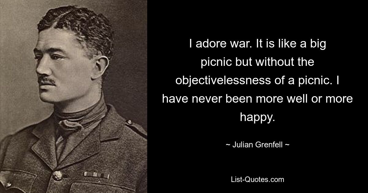 Я обожаю войну. Это похоже на большой пикник, но без бесцельности пикника. Я никогда не был более здоровым или более счастливым. — © Джулиан Гренфелл 