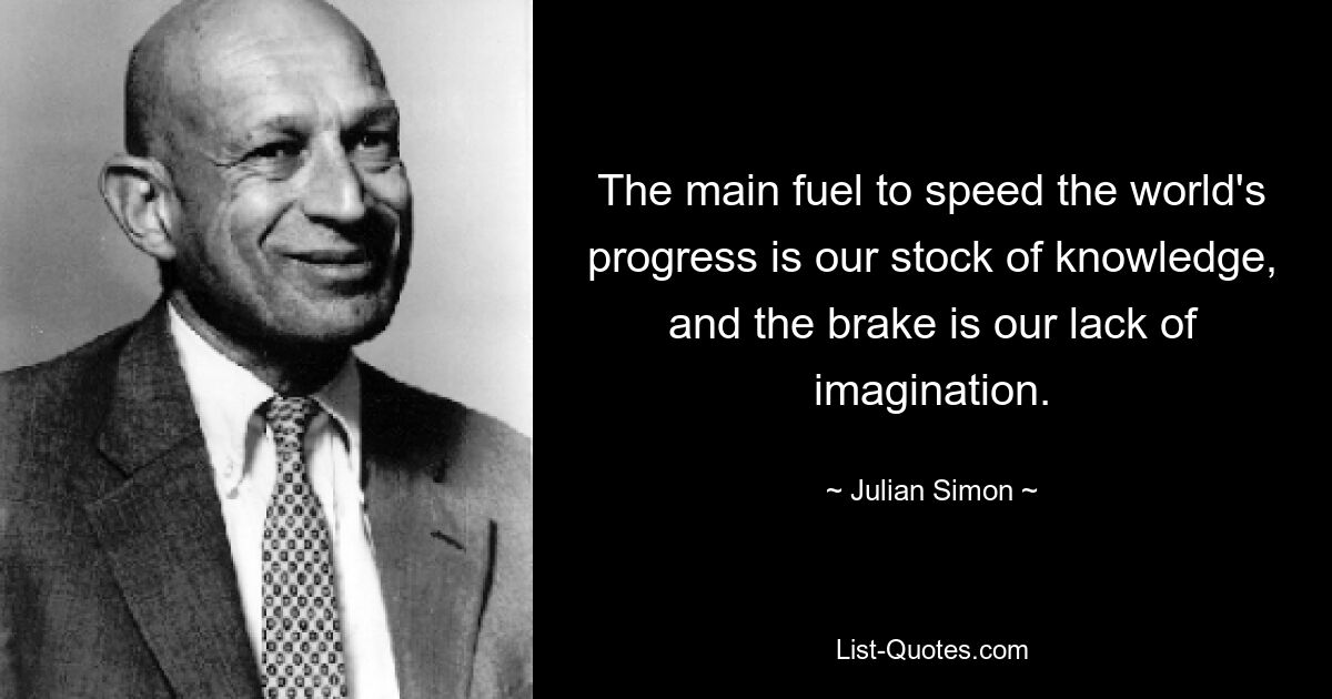 The main fuel to speed the world's progress is our stock of knowledge, and the brake is our lack of imagination. — © Julian Simon