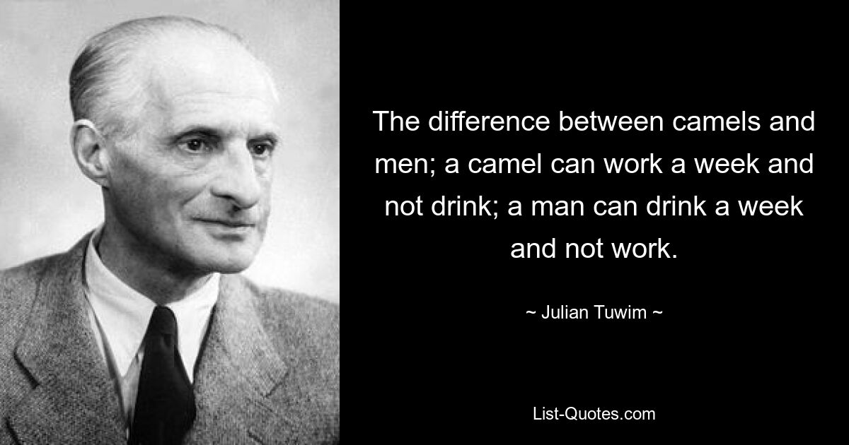 The difference between camels and men; a camel can work a week and not drink; a man can drink a week and not work. — © Julian Tuwim