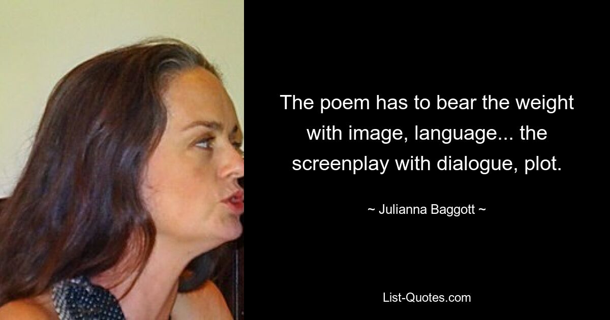 The poem has to bear the weight with image, language... the screenplay with dialogue, plot. — © Julianna Baggott