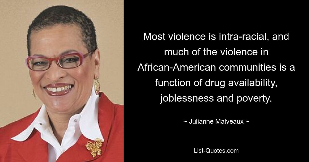 Most violence is intra-racial, and much of the violence in African-American communities is a function of drug availability, joblessness and poverty. — © Julianne Malveaux