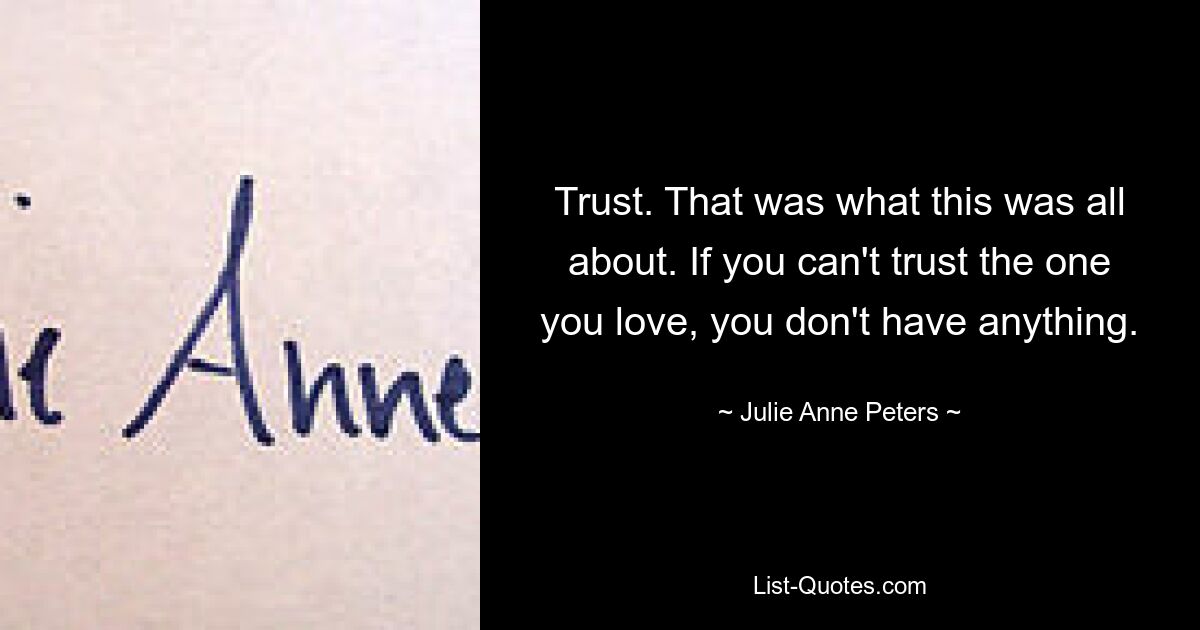 Trust. That was what this was all about. If you can't trust the one you love, you don't have anything. — © Julie Anne Peters