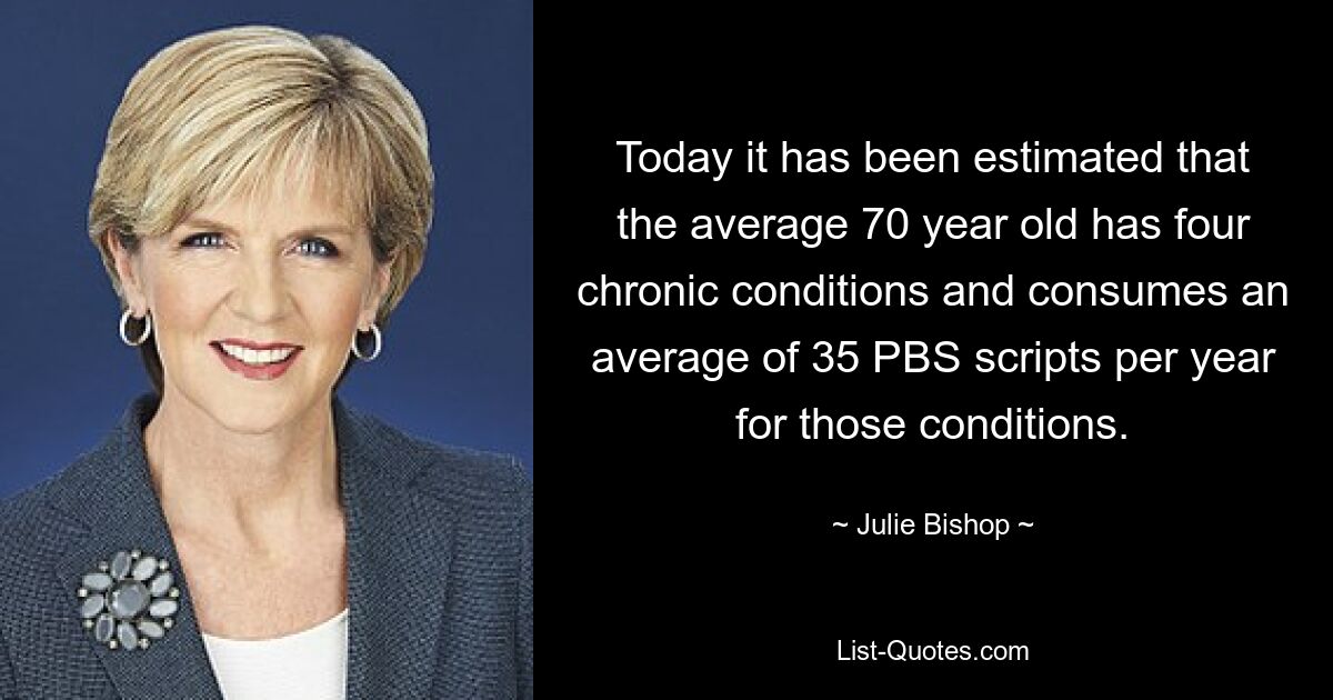 Today it has been estimated that the average 70 year old has four chronic conditions and consumes an average of 35 PBS scripts per year for those conditions. — © Julie Bishop