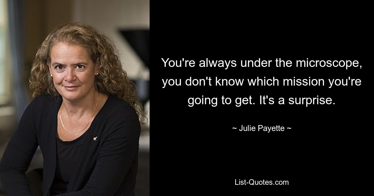 You're always under the microscope, you don't know which mission you're going to get. It's a surprise. — © Julie Payette