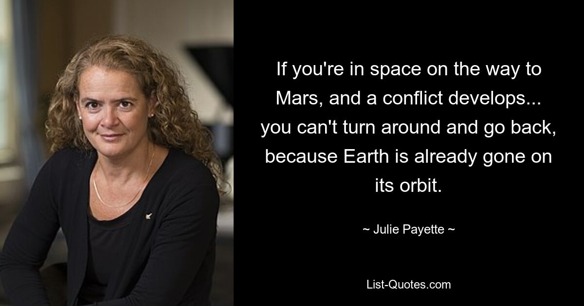 If you're in space on the way to Mars, and a conflict develops... you can't turn around and go back, because Earth is already gone on its orbit. — © Julie Payette