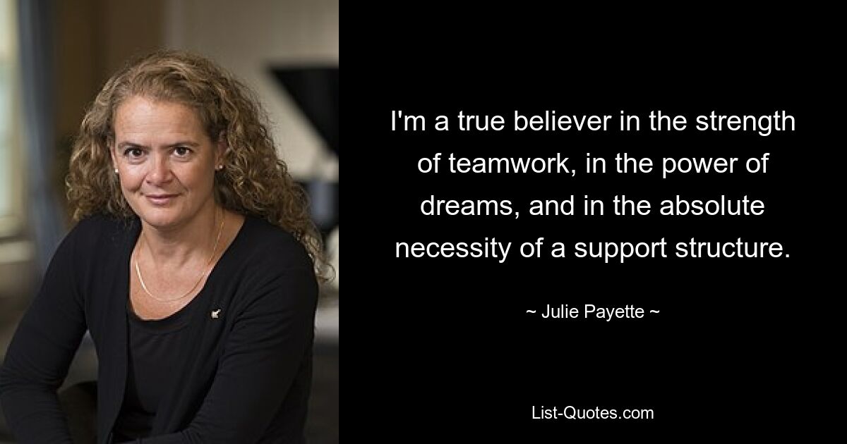 I'm a true believer in the strength of teamwork, in the power of dreams, and in the absolute necessity of a support structure. — © Julie Payette