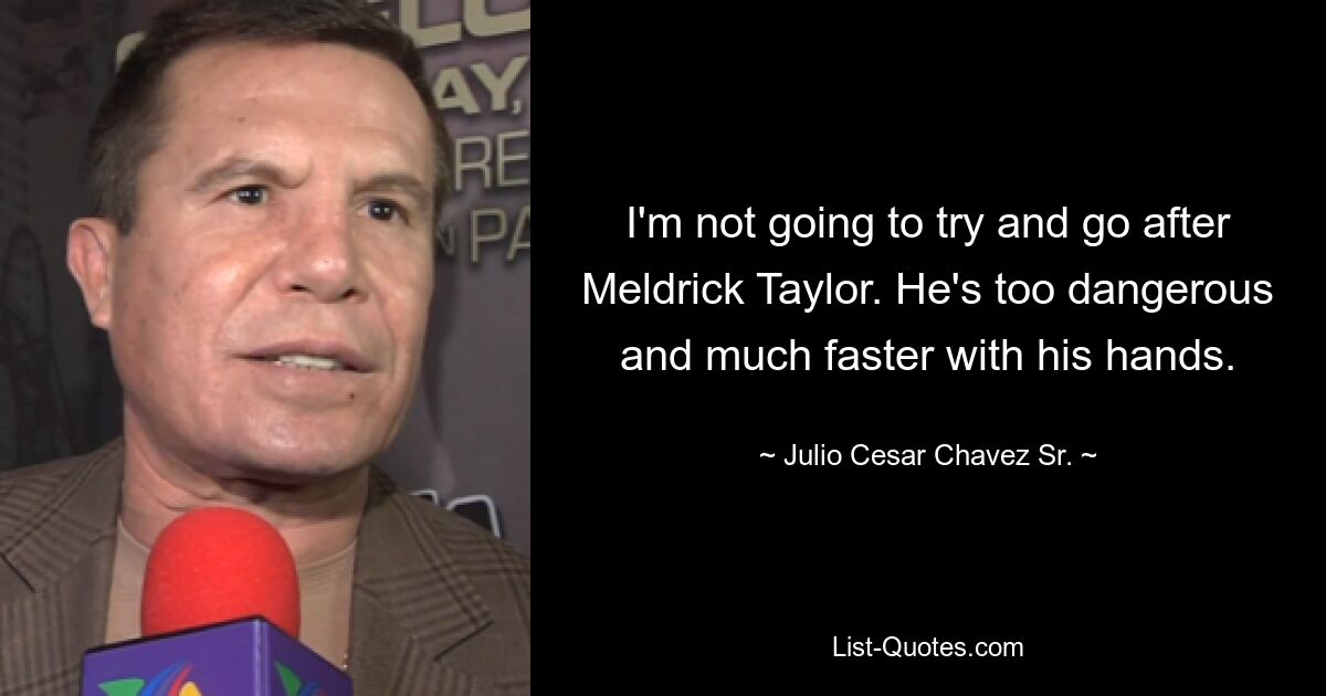 I'm not going to try and go after Meldrick Taylor. He's too dangerous and much faster with his hands. — © Julio Cesar Chavez Sr.