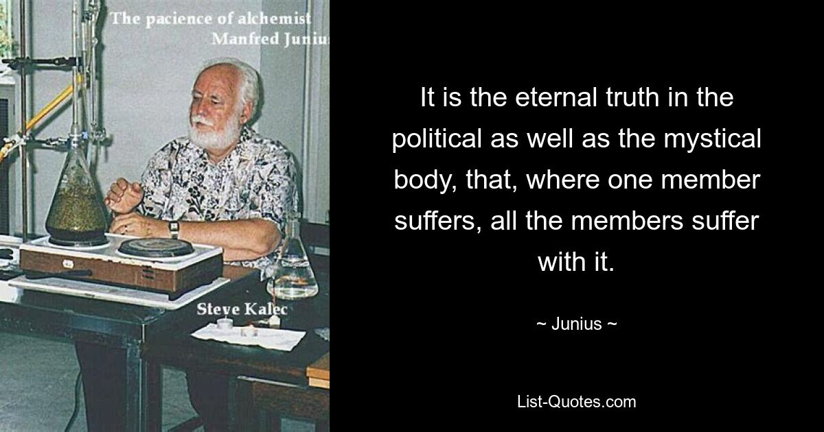 It is the eternal truth in the political as well as the mystical body, that, where one member suffers, all the members suffer with it. — © Junius