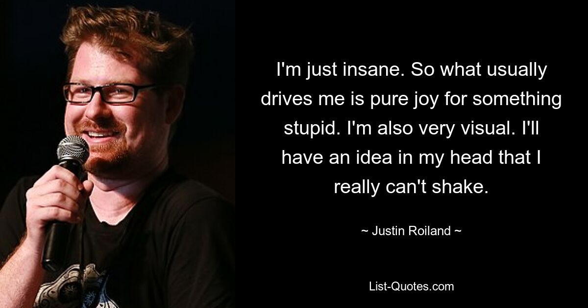 I'm just insane. So what usually drives me is pure joy for something stupid. I'm also very visual. I'll have an idea in my head that I really can't shake. — © Justin Roiland