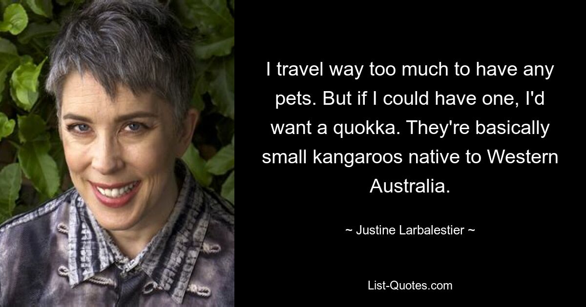 I travel way too much to have any pets. But if I could have one, I'd want a quokka. They're basically small kangaroos native to Western Australia. — © Justine Larbalestier