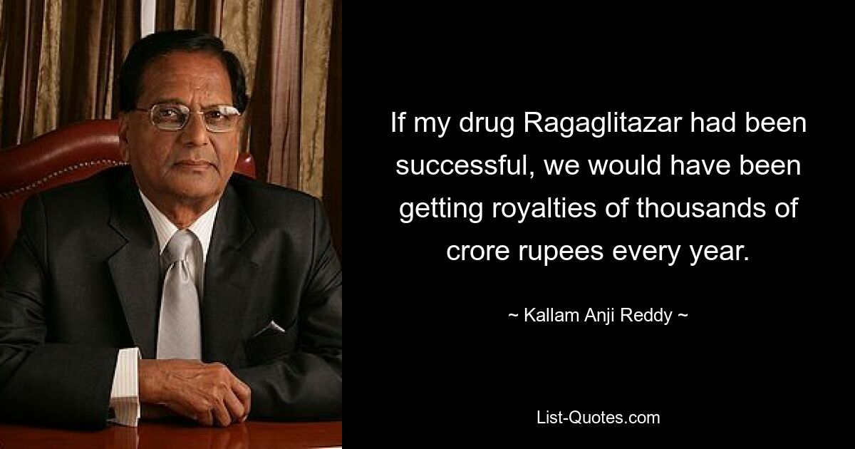 If my drug Ragaglitazar had been successful, we would have been getting royalties of thousands of crore rupees every year. — © Kallam Anji Reddy