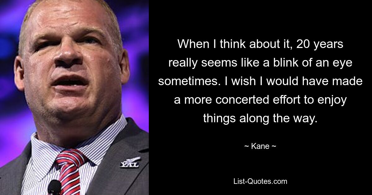 When I think about it, 20 years really seems like a blink of an eye sometimes. I wish I would have made a more concerted effort to enjoy things along the way. — © Kane