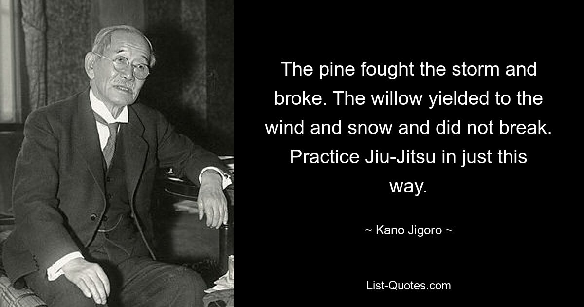 Сосна боролась с бурей и сломалась. Ива поддалась ветру и снегу и не сломалась. Практикуйте джиу-джитсу именно таким образом. — © Кано Дзигоро 