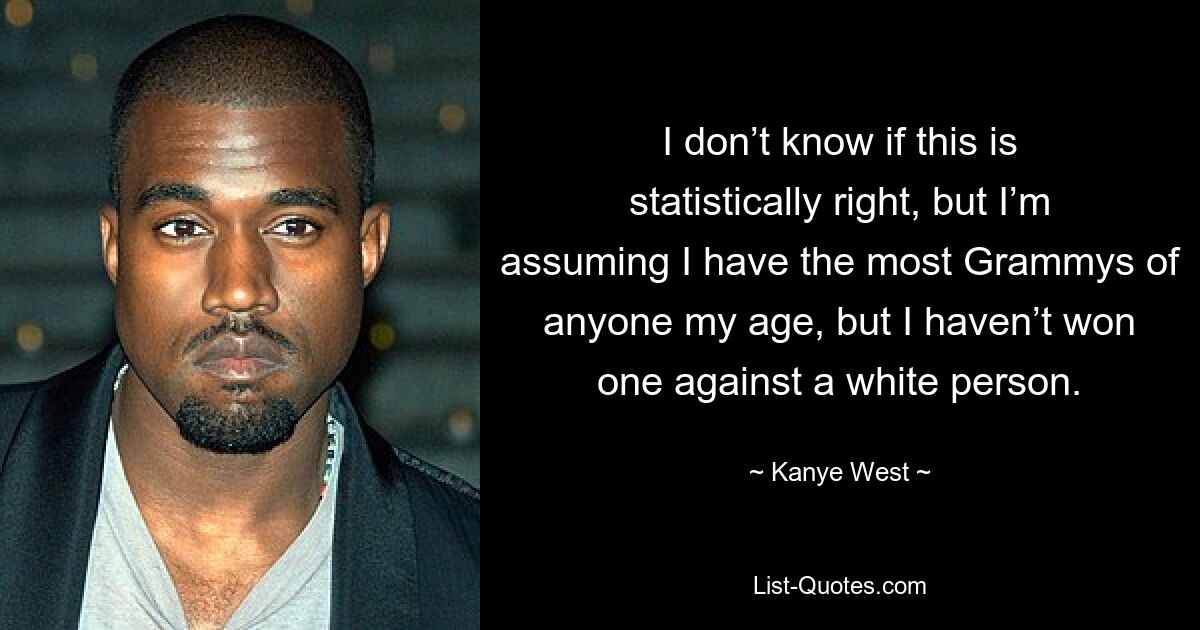 I don’t know if this is statistically right, but I’m assuming I have the most Grammys of anyone my age, but I haven’t won one against a white person. — © Kanye West