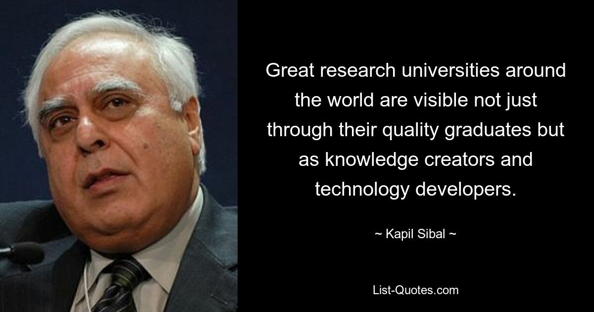 Great research universities around the world are visible not just through their quality graduates but as knowledge creators and technology developers. — © Kapil Sibal