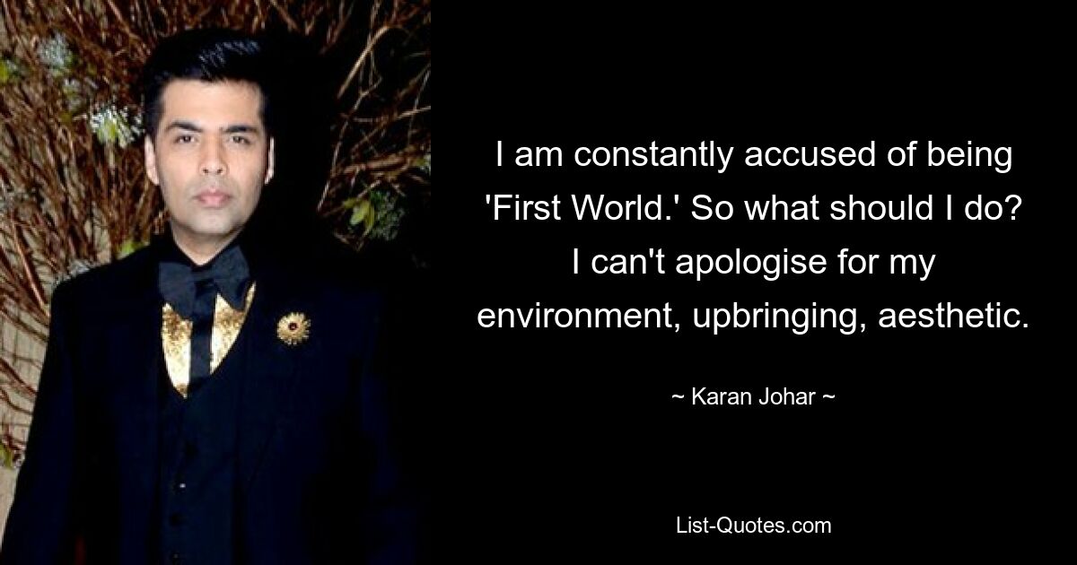 I am constantly accused of being 'First World.' So what should I do? I can't apologise for my environment, upbringing, aesthetic. — © Karan Johar