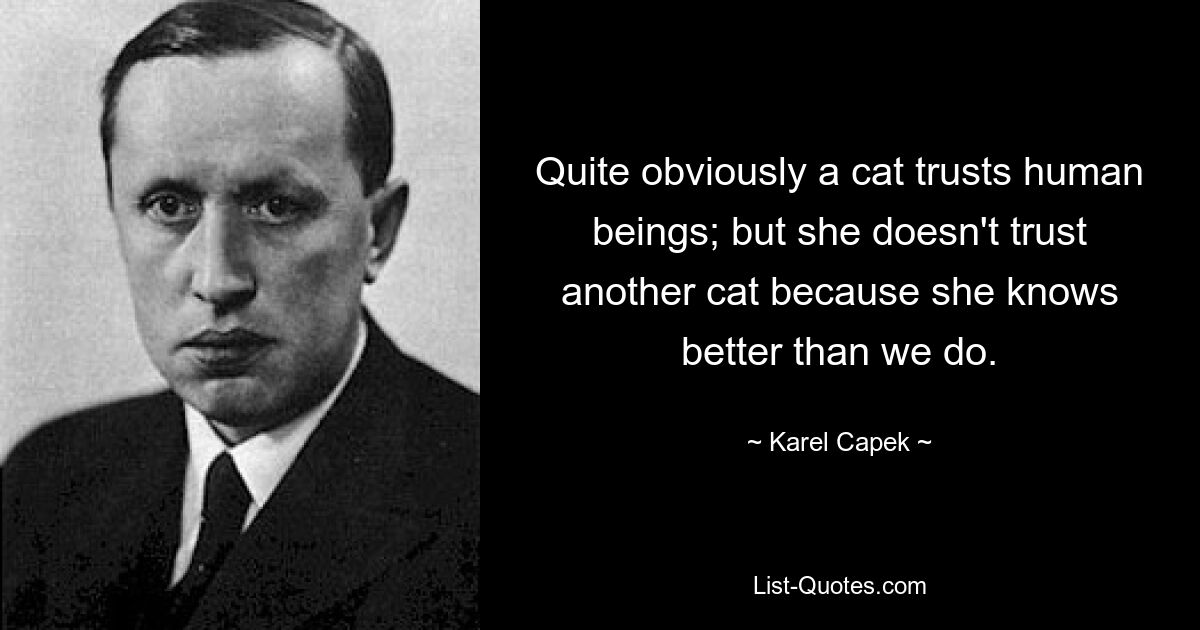 Quite obviously a cat trusts human beings; but she doesn't trust another cat because she knows better than we do. — © Karel Capek