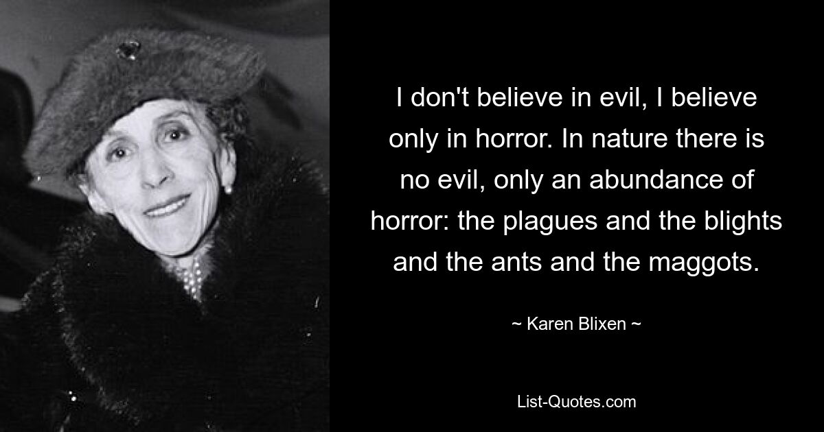 I don't believe in evil, I believe only in horror. In nature there is no evil, only an abundance of horror: the plagues and the blights and the ants and the maggots. — © Karen Blixen