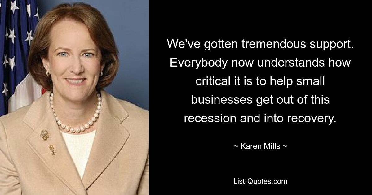 We've gotten tremendous support. Everybody now understands how critical it is to help small businesses get out of this recession and into recovery. — © Karen Mills