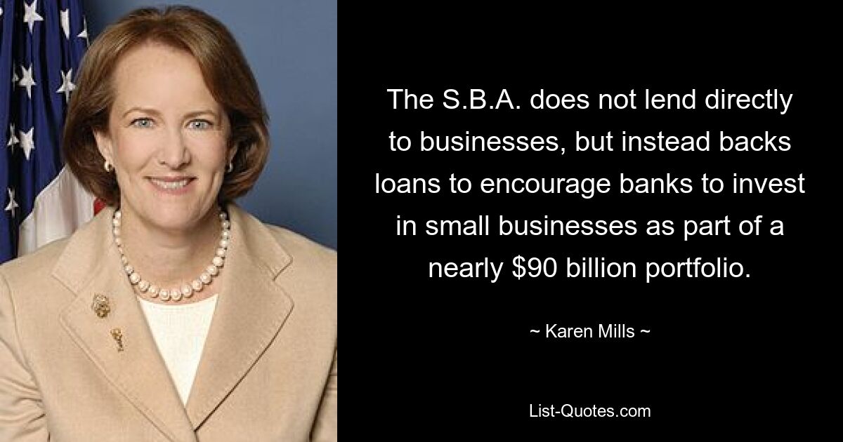 The S.B.A. does not lend directly to businesses, but instead backs loans to encourage banks to invest in small businesses as part of a nearly $90 billion portfolio. — © Karen Mills