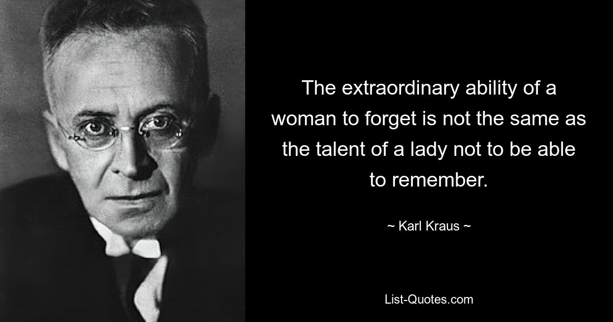 The extraordinary ability of a woman to forget is not the same as the talent of a lady not to be able to remember. — © Karl Kraus