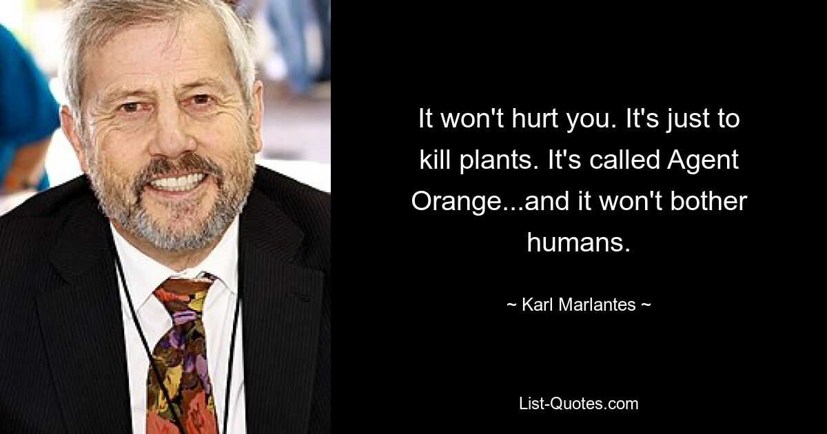 It won't hurt you. It's just to kill plants. It's called Agent Orange...and it won't bother humans. — © Karl Marlantes