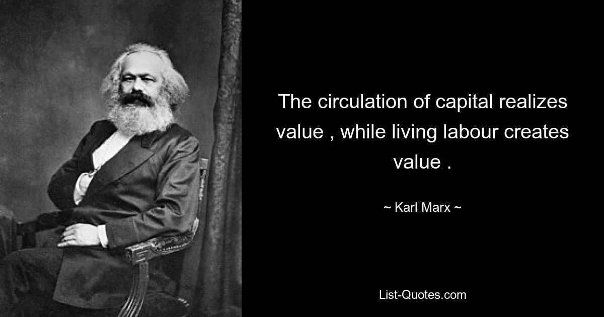 The circulation of capital realizes value , while living labour creates value . — © Karl Marx