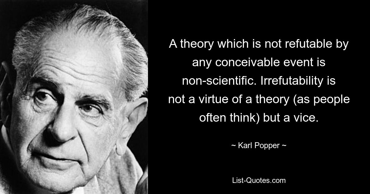 A theory which is not refutable by any conceivable event is non-scientific. Irrefutability is not a virtue of a theory (as people often think) but a vice. — © Karl Popper