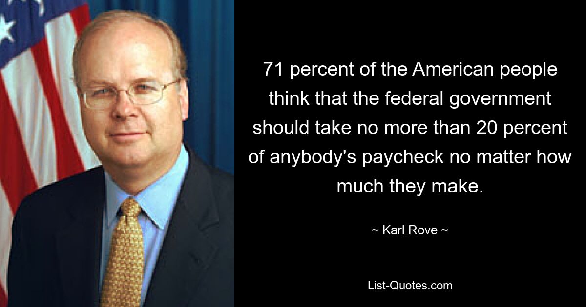 71 percent of the American people think that the federal government should take no more than 20 percent of anybody's paycheck no matter how much they make. — © Karl Rove