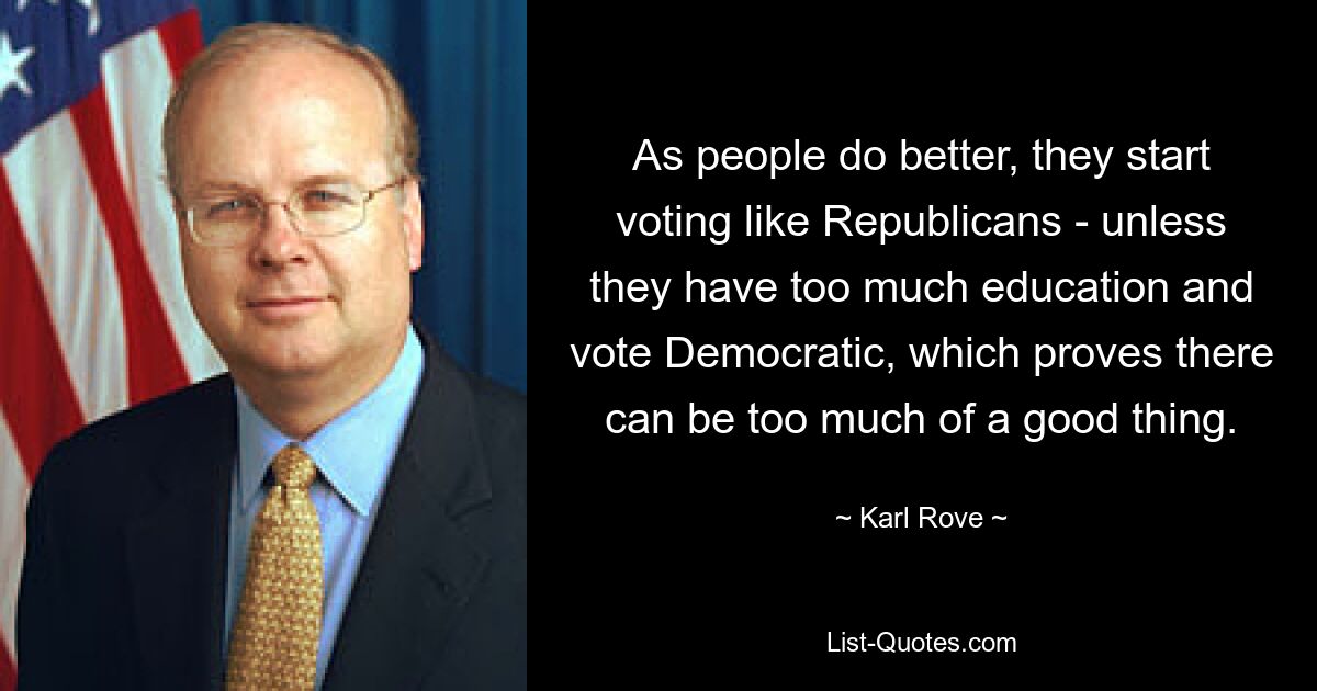 As people do better, they start voting like Republicans - unless they have too much education and vote Democratic, which proves there can be too much of a good thing. — © Karl Rove