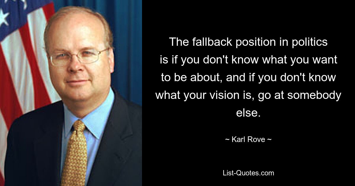 The fallback position in politics is if you don't know what you want to be about, and if you don't know what your vision is, go at somebody else. — © Karl Rove