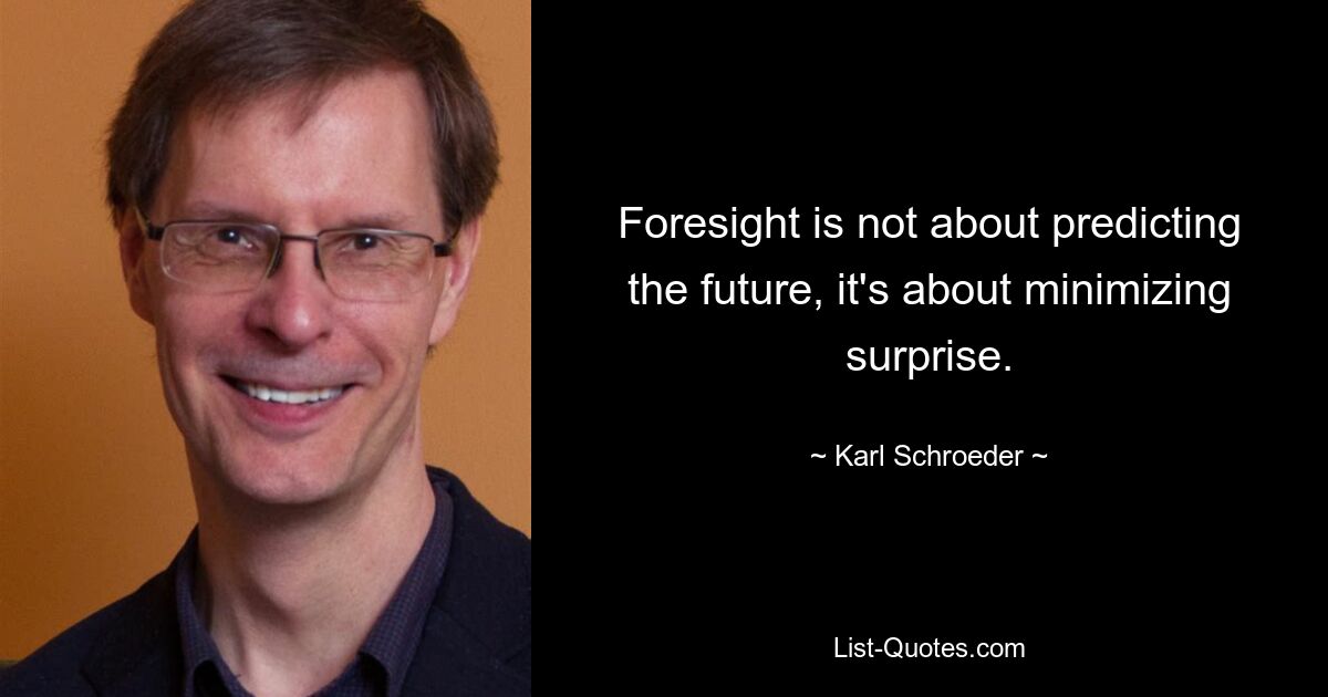 Foresight is not about predicting the future, it's about minimizing surprise. — © Karl Schroeder