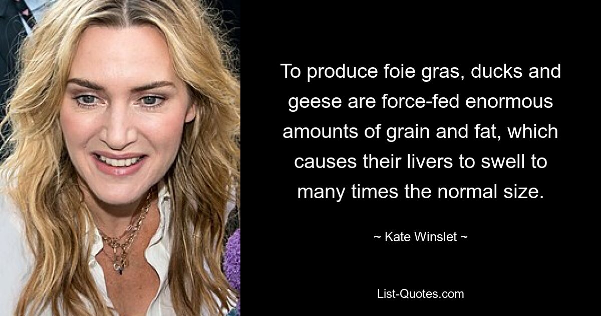 To produce foie gras, ducks and geese are force-fed enormous amounts of grain and fat, which causes their livers to swell to many times the normal size. — © Kate Winslet