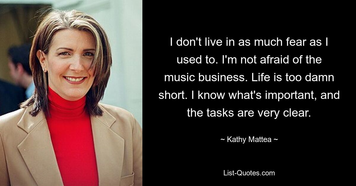 I don't live in as much fear as I used to. I'm not afraid of the music business. Life is too damn short. I know what's important, and the tasks are very clear. — © Kathy Mattea