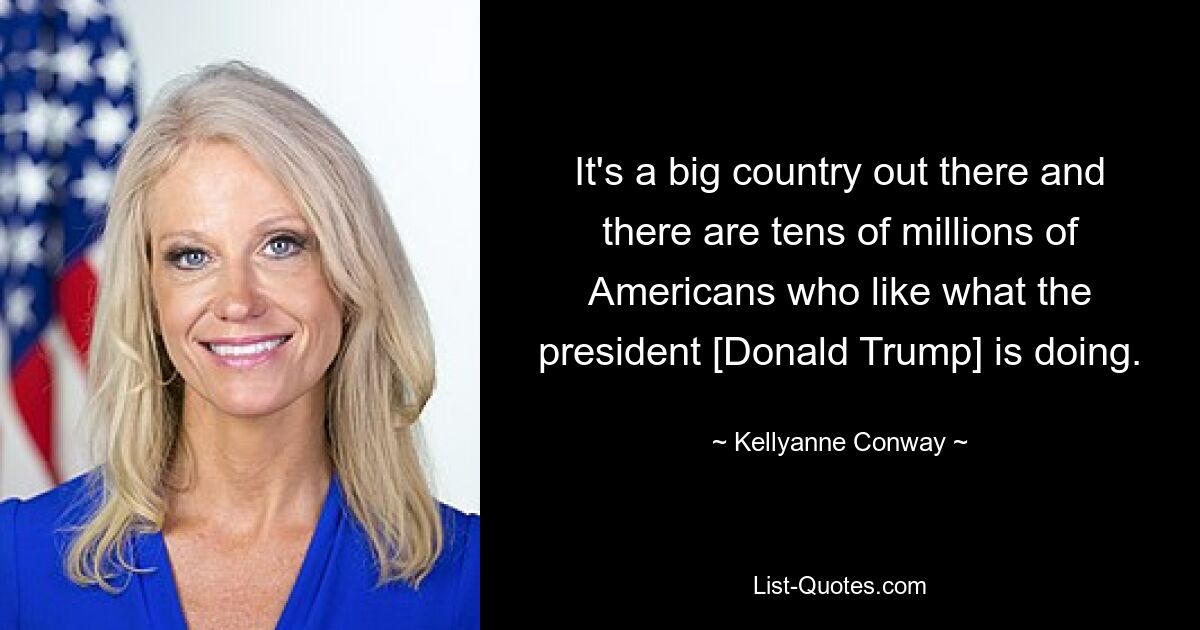 It's a big country out there and there are tens of millions of Americans who like what the president [Donald Trump] is doing. — © Kellyanne Conway