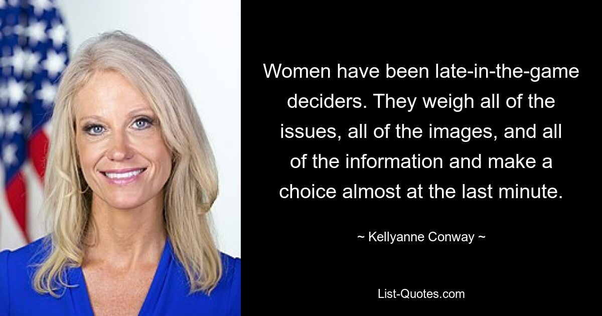 Women have been late-in-the-game deciders. They weigh all of the issues, all of the images, and all of the information and make a choice almost at the last minute. — © Kellyanne Conway