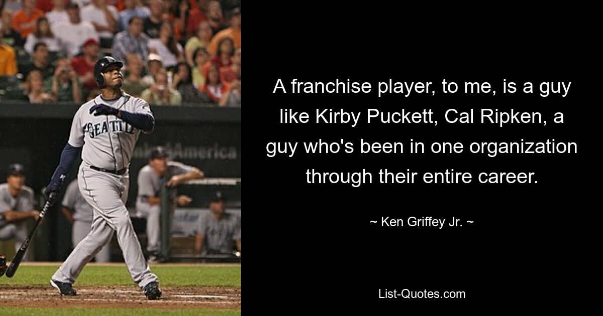 Ein Franchise-Spieler ist für mich ein Typ wie Kirby Puckett oder Cal Ripken, ein Typ, der während seiner gesamten Karriere in einer Organisation tätig war. — © Ken Griffey Jr.