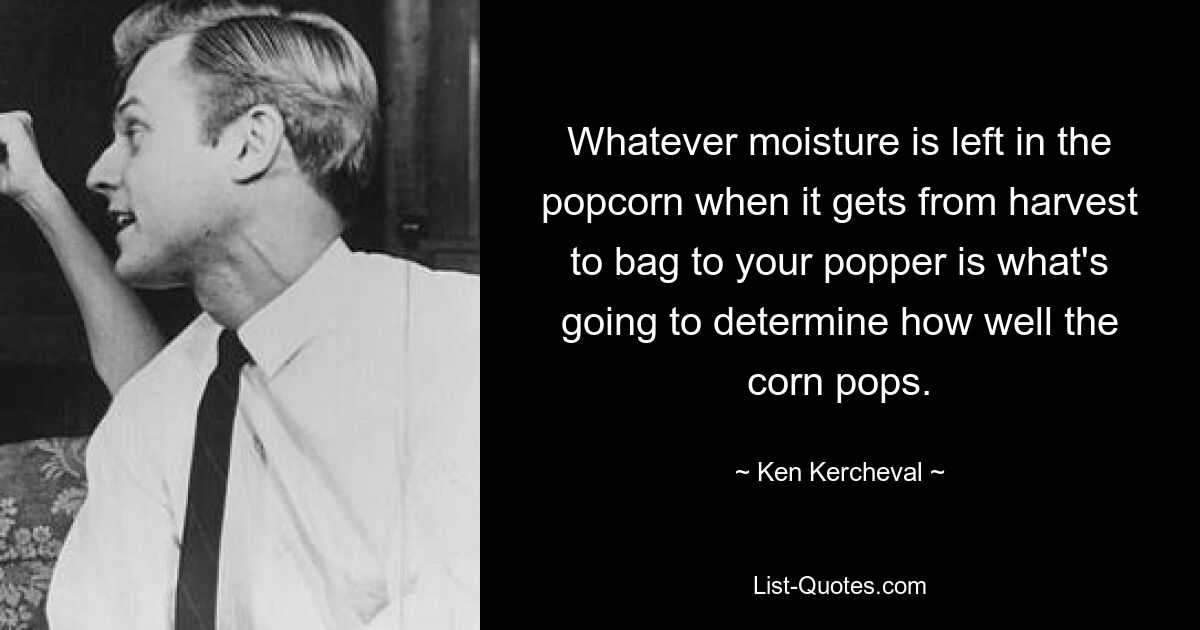 Whatever moisture is left in the popcorn when it gets from harvest to bag to your popper is what's going to determine how well the corn pops. — © Ken Kercheval