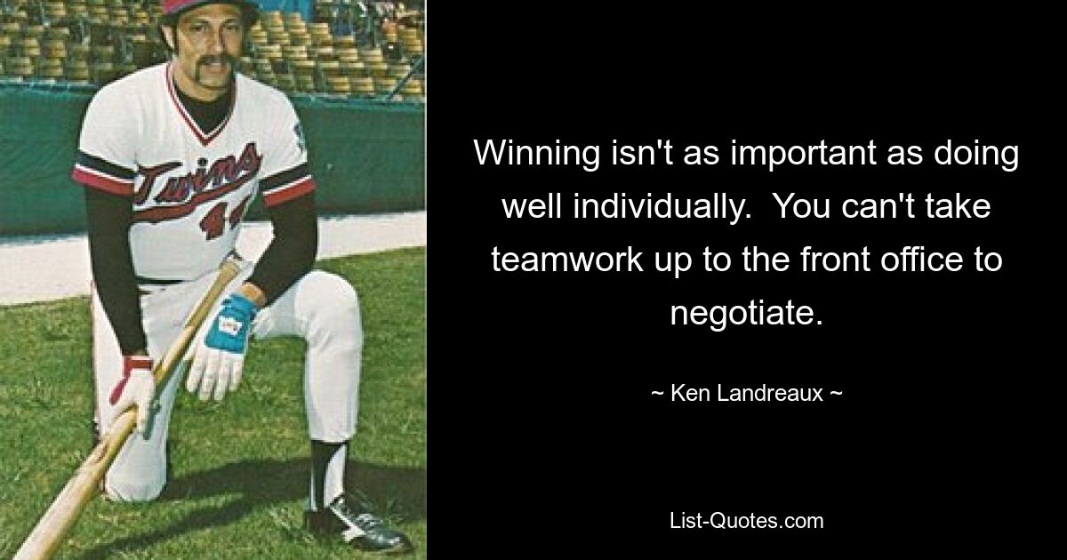 Winning isn't as important as doing well individually.  You can't take teamwork up to the front office to negotiate. — © Ken Landreaux