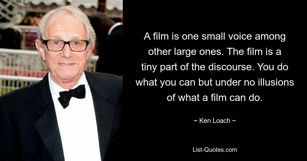 A film is one small voice among other large ones. The film is a tiny part of the discourse. You do what you can but under no illusions of what a film can do. — © Ken Loach